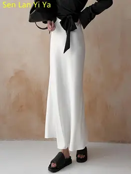 Sen Lan Yi Ya Новые Летние Элегантные белые юбки с разрезом и высокой талией для женщин 2023, модная офисная тонкая юбка, свободная простая длинная юбка